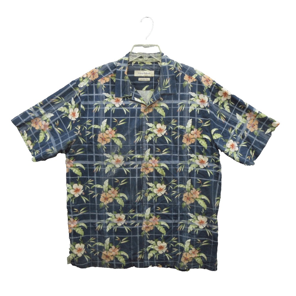 Tommy Bahama Men's Button Up Hawaiian Shirt Large Blue Floral Silk Original Fit